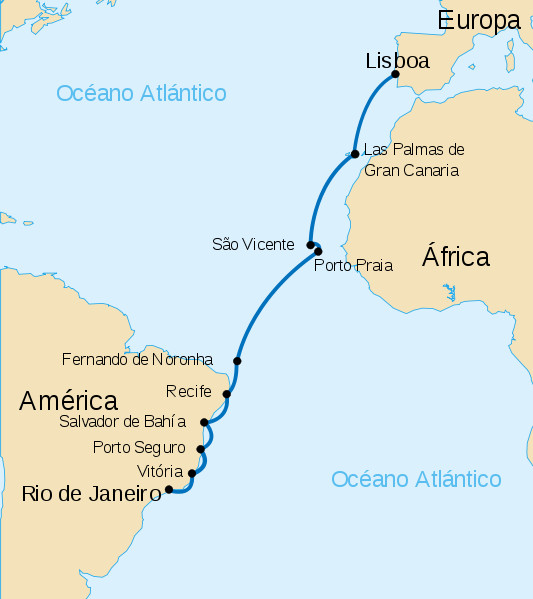 Карта первого перелёта через Южную Атлантику (Источник https://en.wikipedia.org/wiki/First_aerial_crossing_of_the_South_Atlantic#/media/File:Vuelo_Gago_Coutinho_y_Sacadura_Cabral.svg)