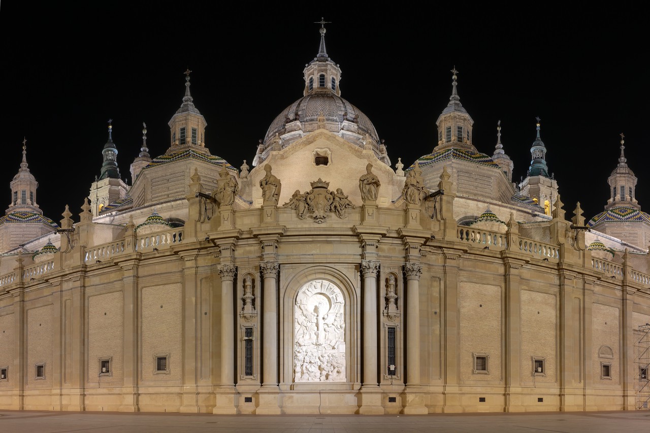 Zaragoza. The main facade of the Cathedral of the Virgin Pilar at night