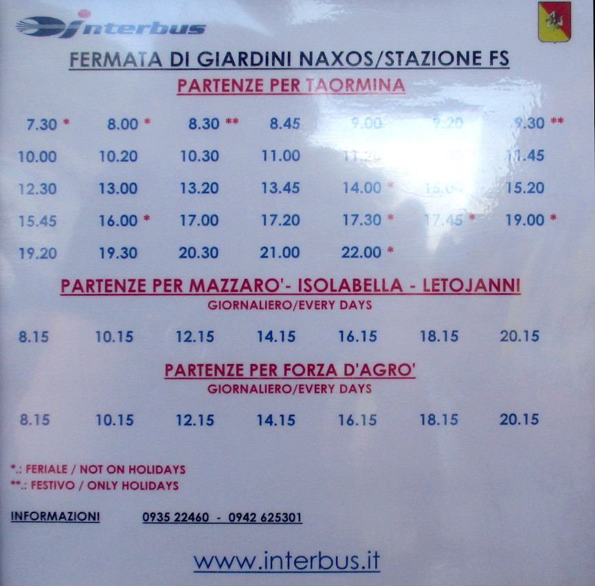 Schedule of the local buses at the station of Taormina-Giardini